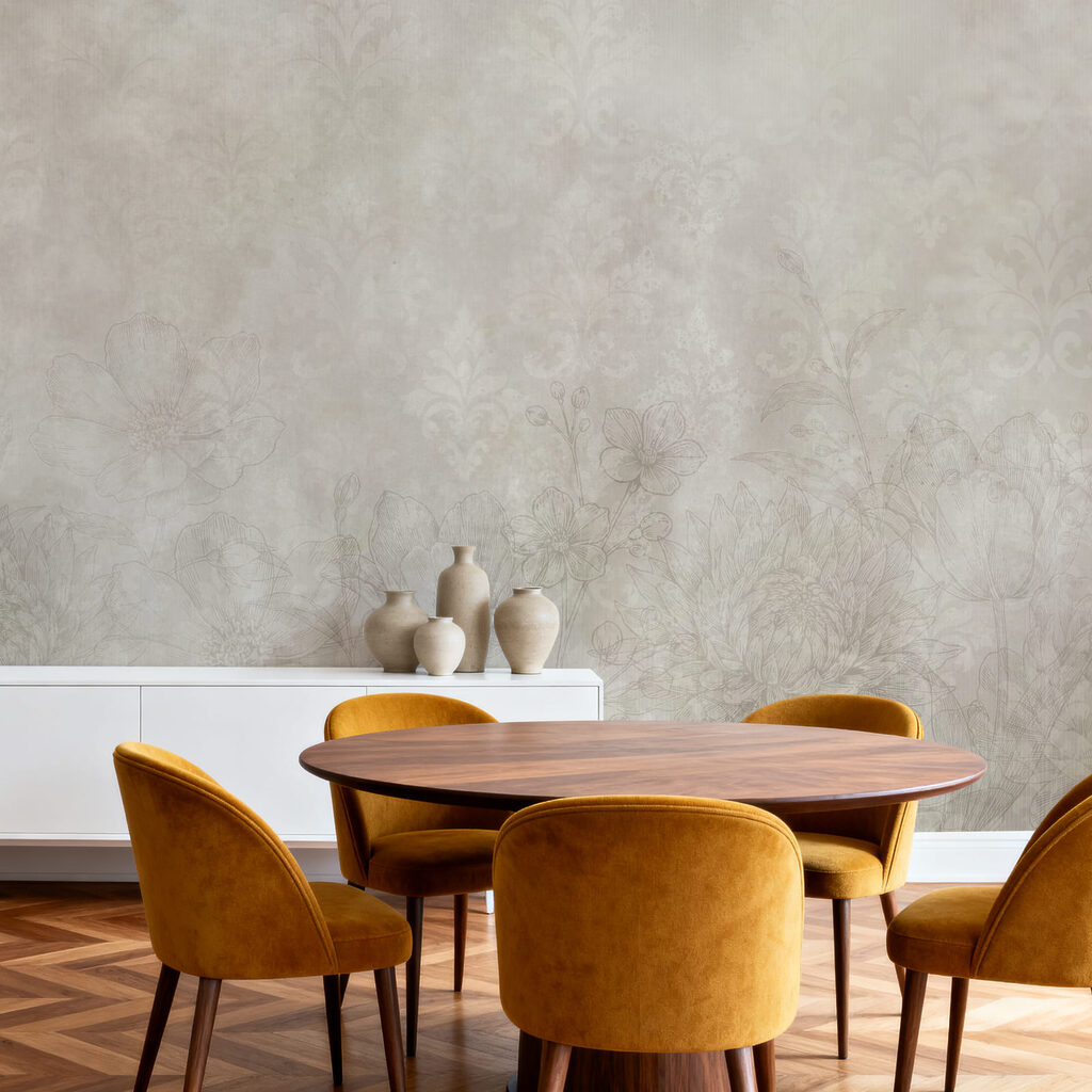 Elegante bloemmotieven in zachte tinten in een interieur