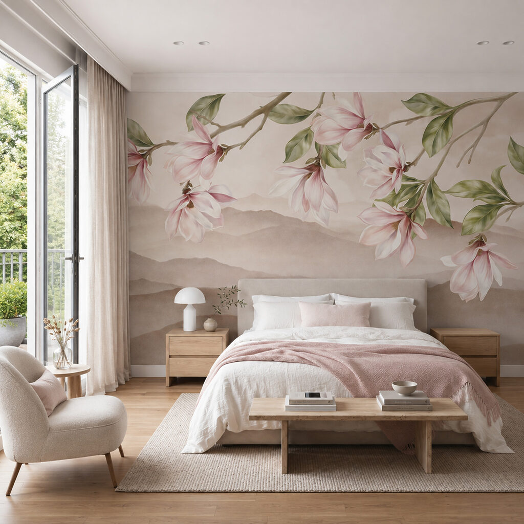Schilderij van bloemen aan een tak in een interieur