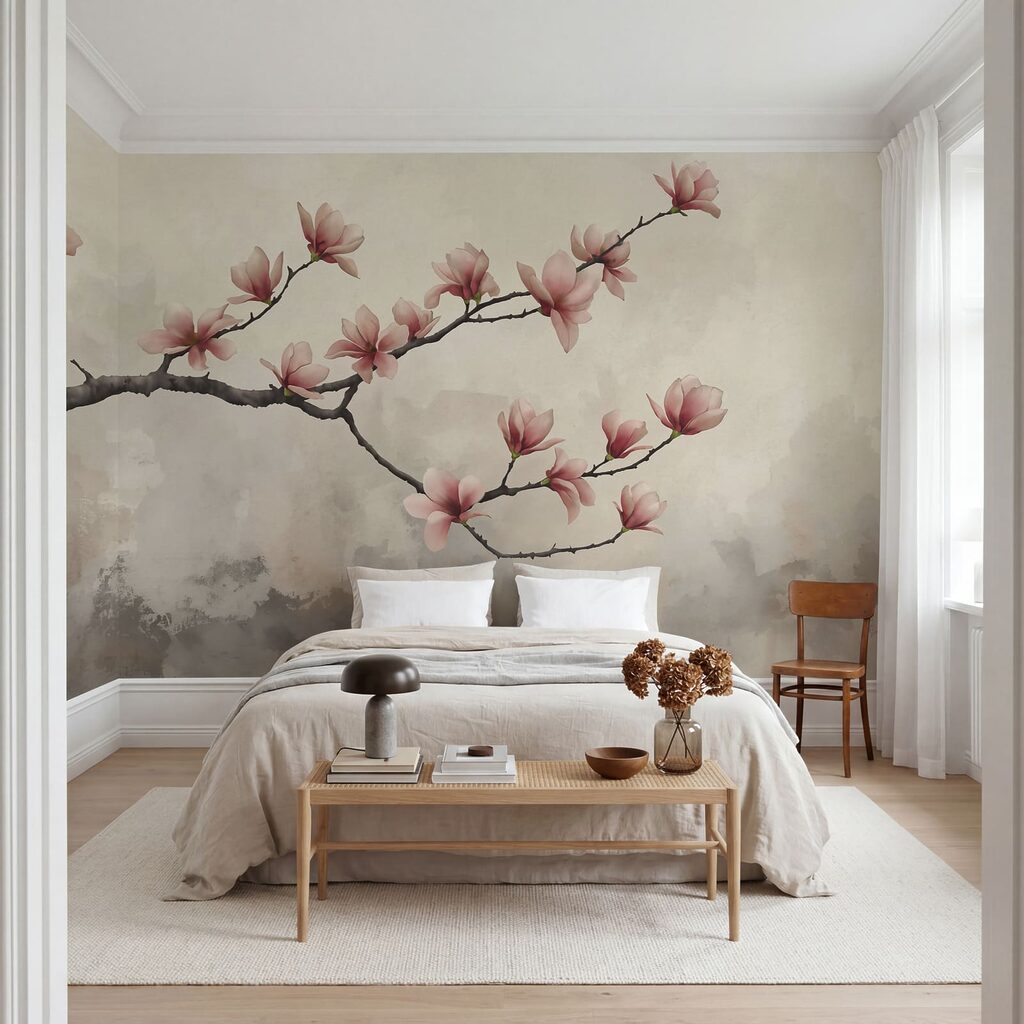 Tak met roze bloemen in een interieur