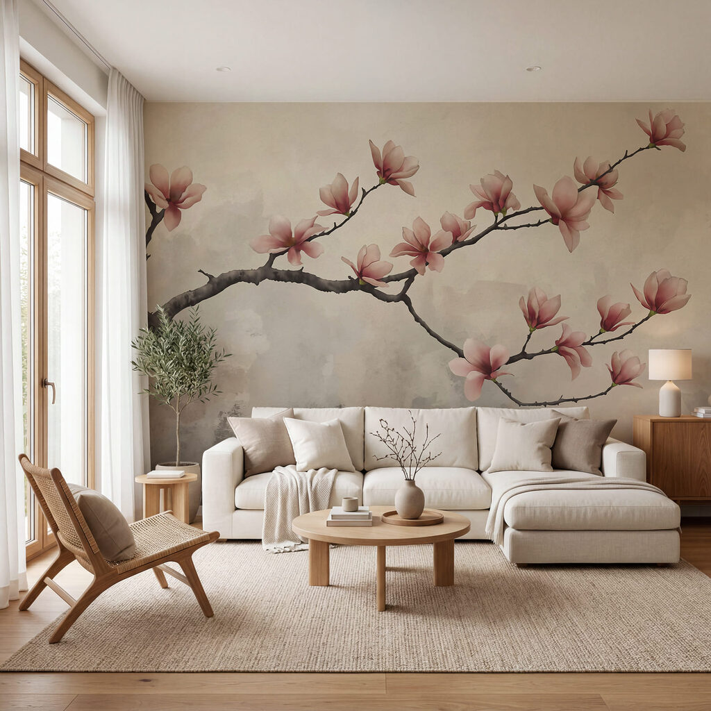 Bloesemtak boven geschilderde mist — interieur 2