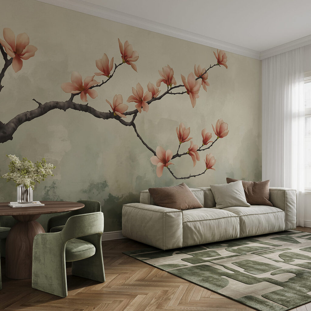 Bloesemtak boven geschilderde mist — interieur 1
