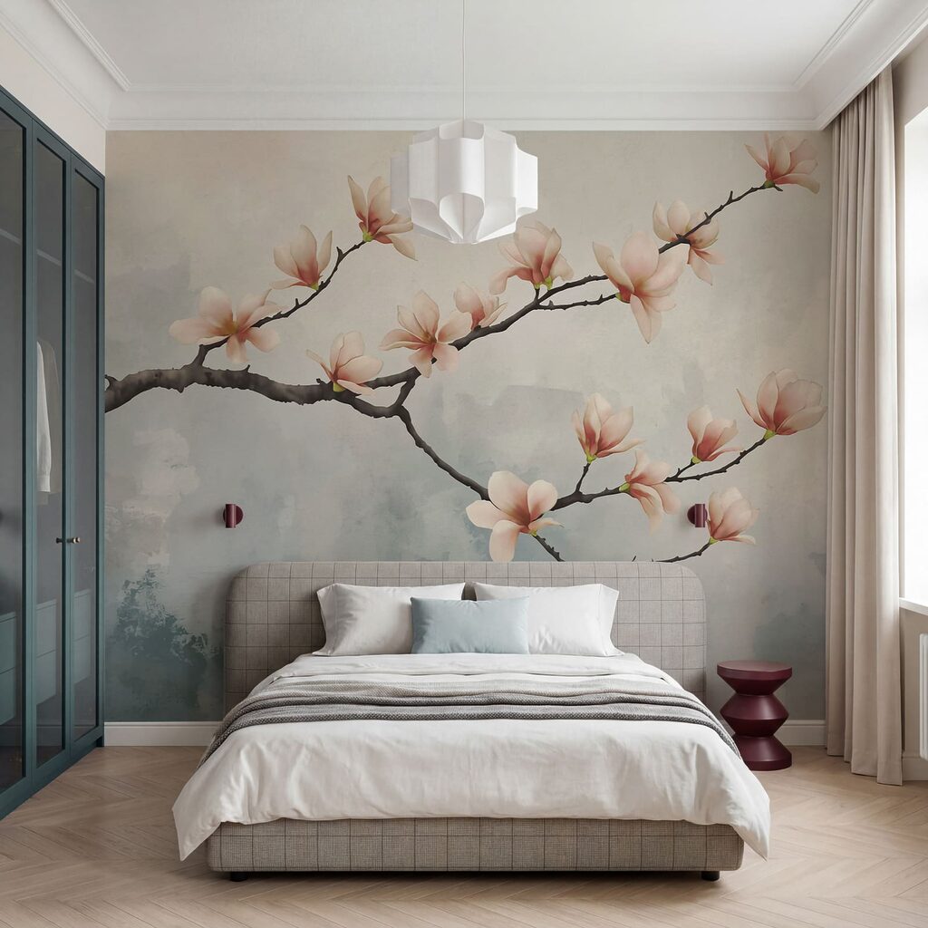 Bloesemtak boven geschilderde mist — interieur 1