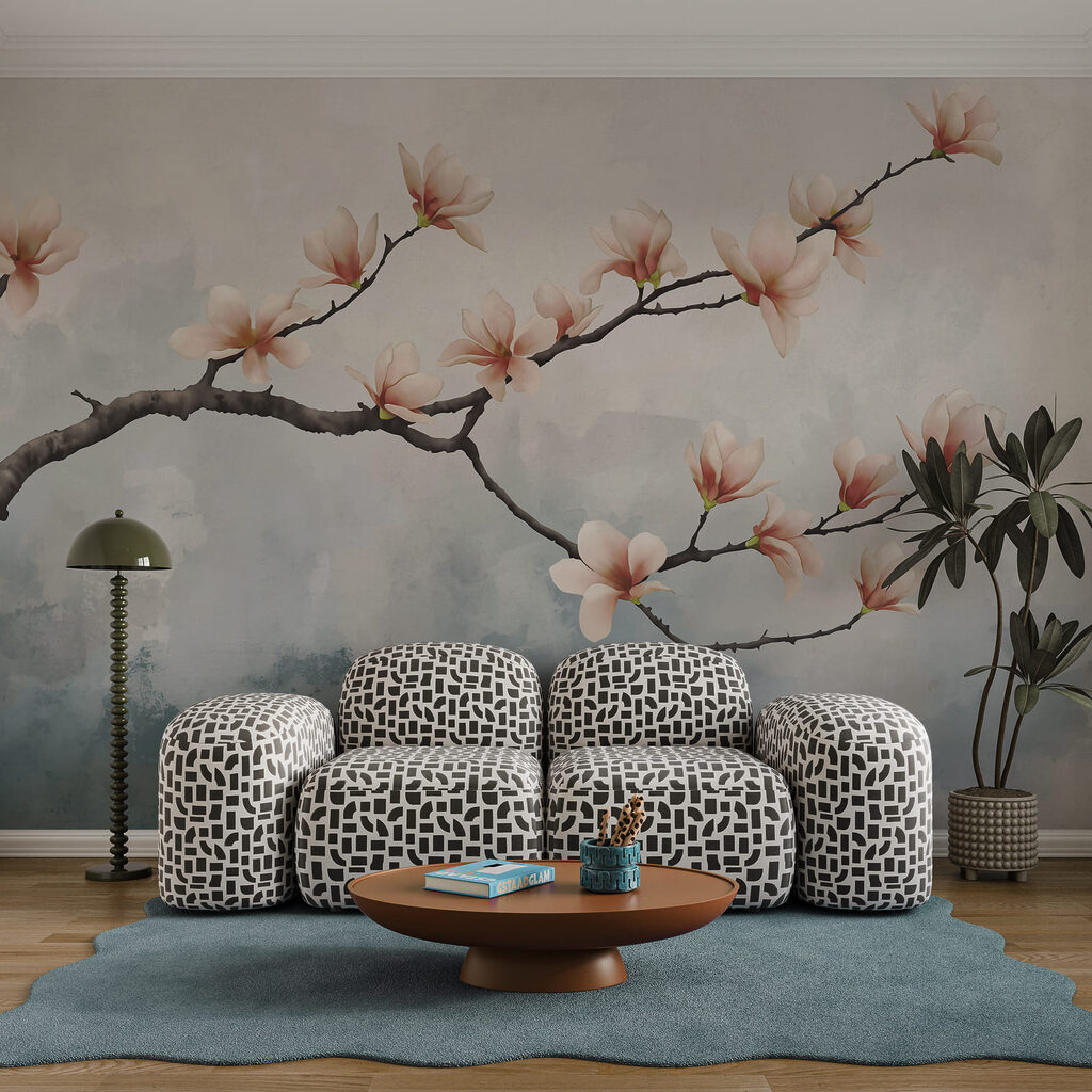 Bloesemtak boven geschilderde mist — interieur 2