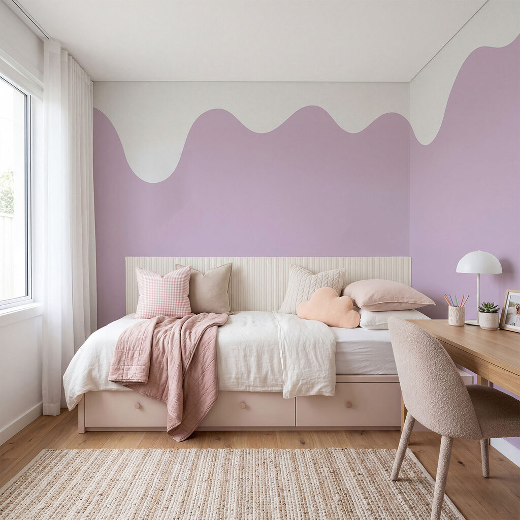 Witte en paarse vloeistof in een interieur