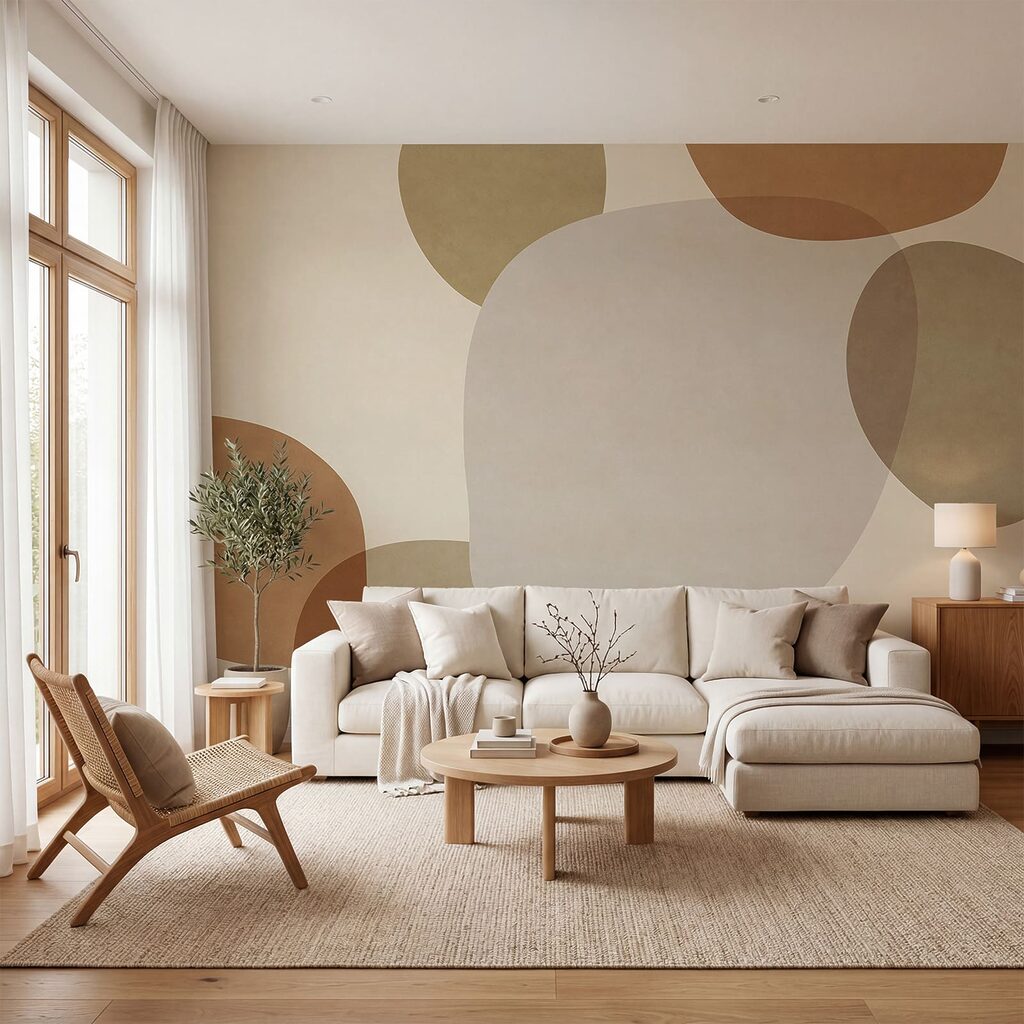 Groep bruine en witte cirkels in een interieur