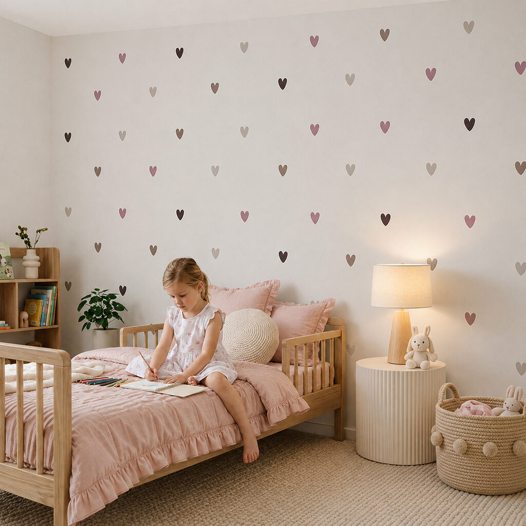 Witte achtergrond met veel kleine hartjes in een interieur