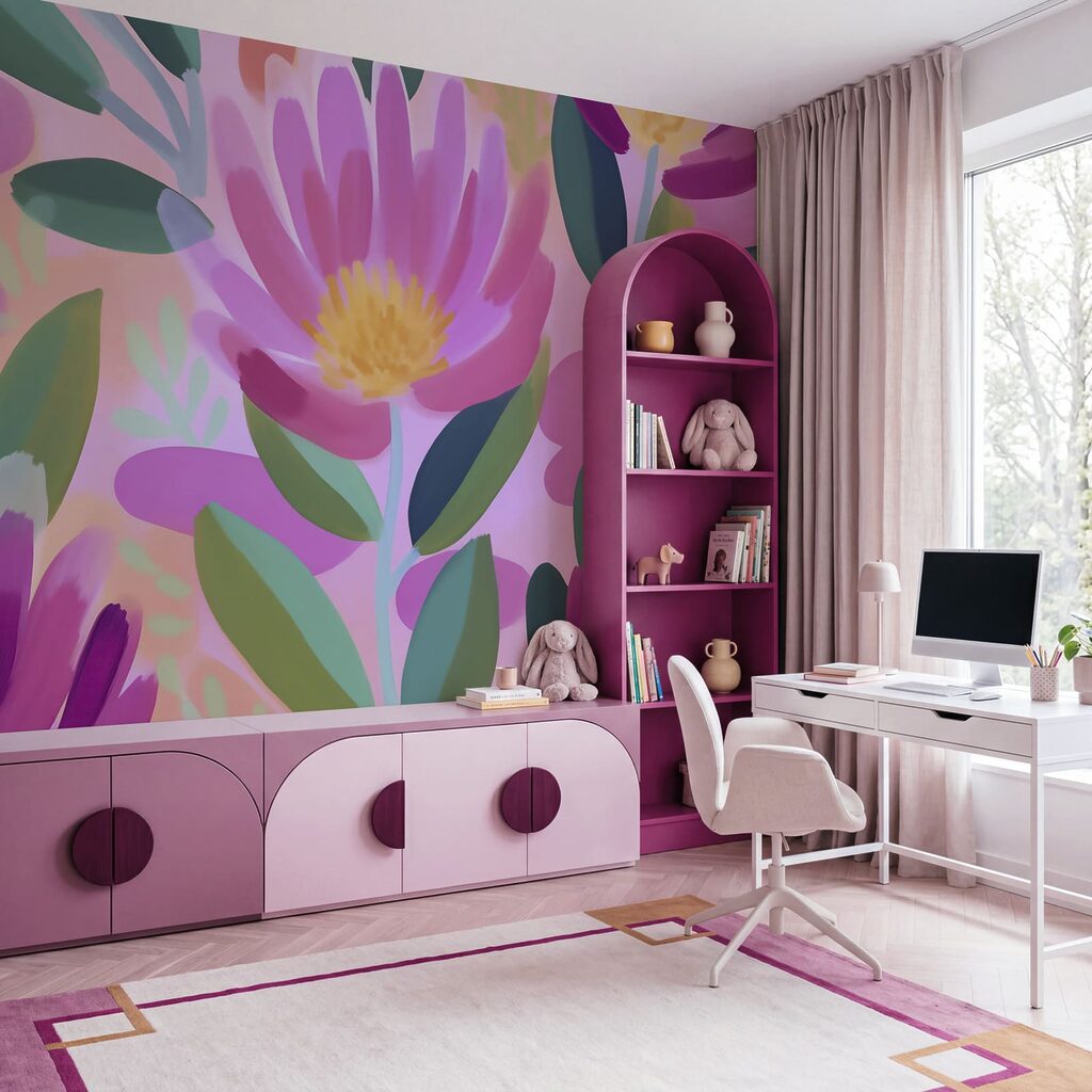 Kleurrijke bloemen en bladeren in een interieur