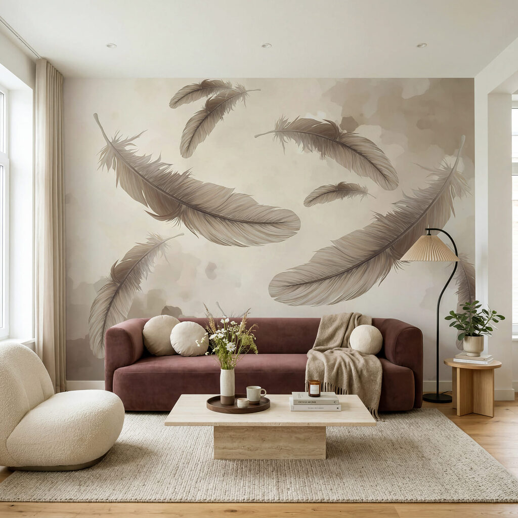 Een groep veren die in de lucht zweven in een interieur