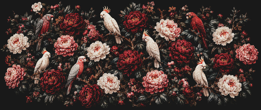 Witte vogels in donkerrood — volledig ontwerp