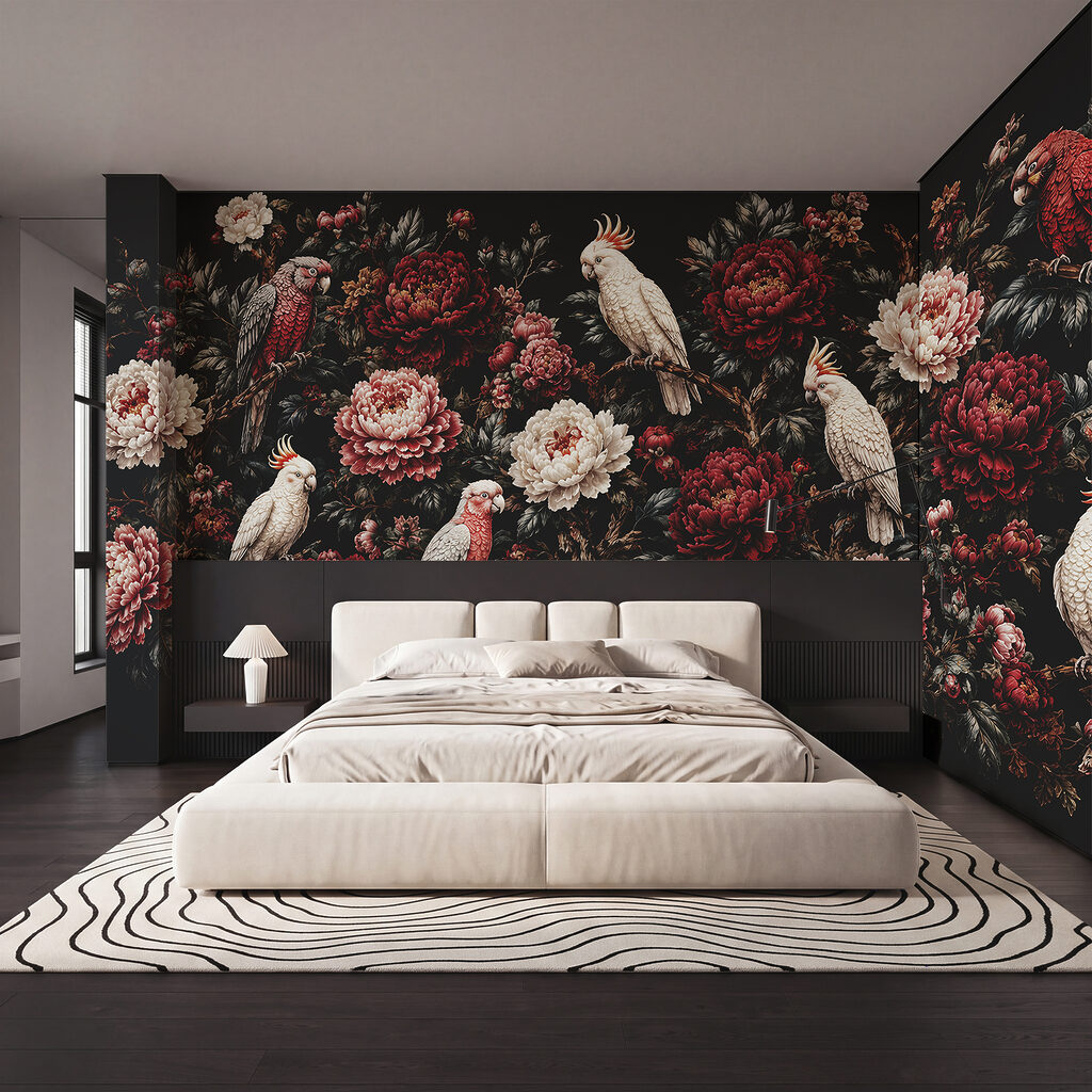 Schilderij van vogels op een tak met bloemen in een interieur
