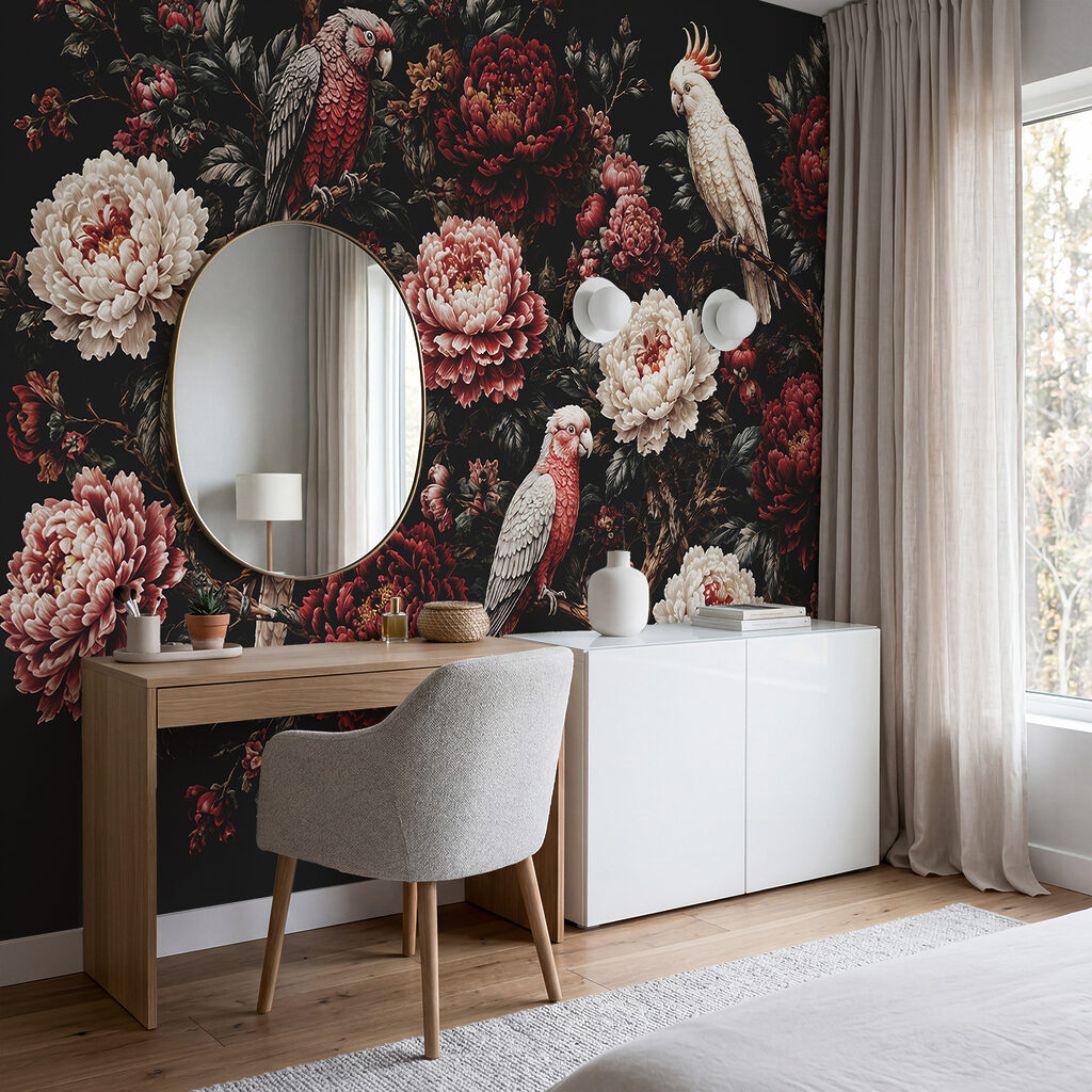 Witte vogels in donkerrood — interieur 2