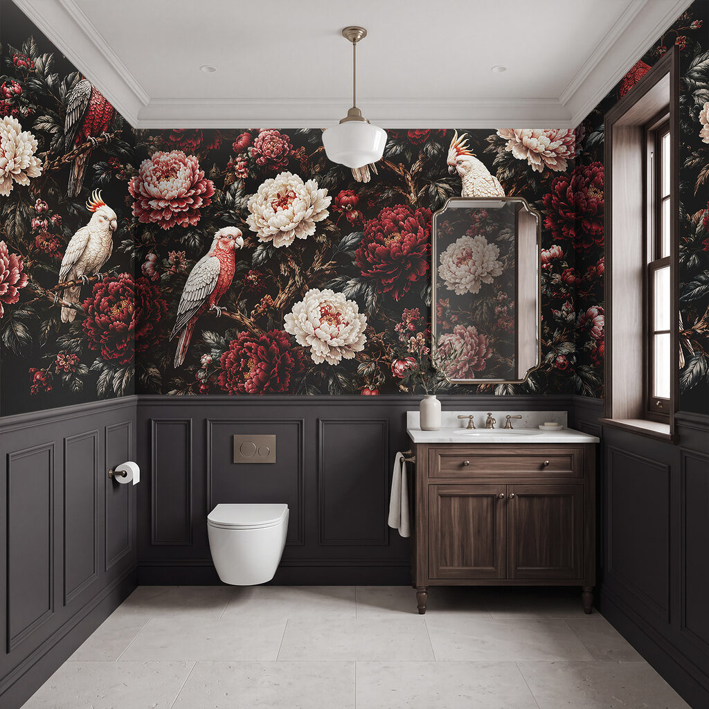 Witte vogels in donkerrood — interieur 3
