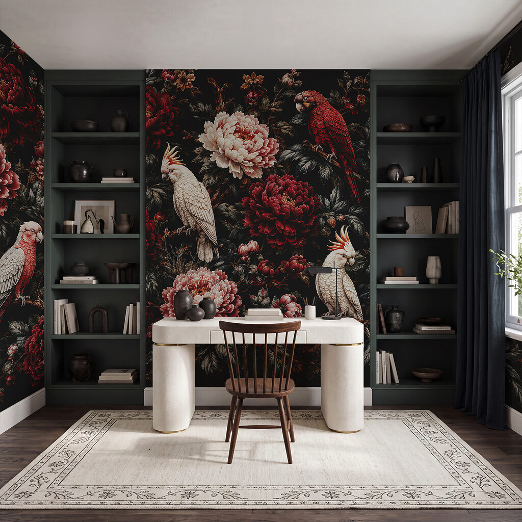 Witte vogels in donkerrood — interieur 4