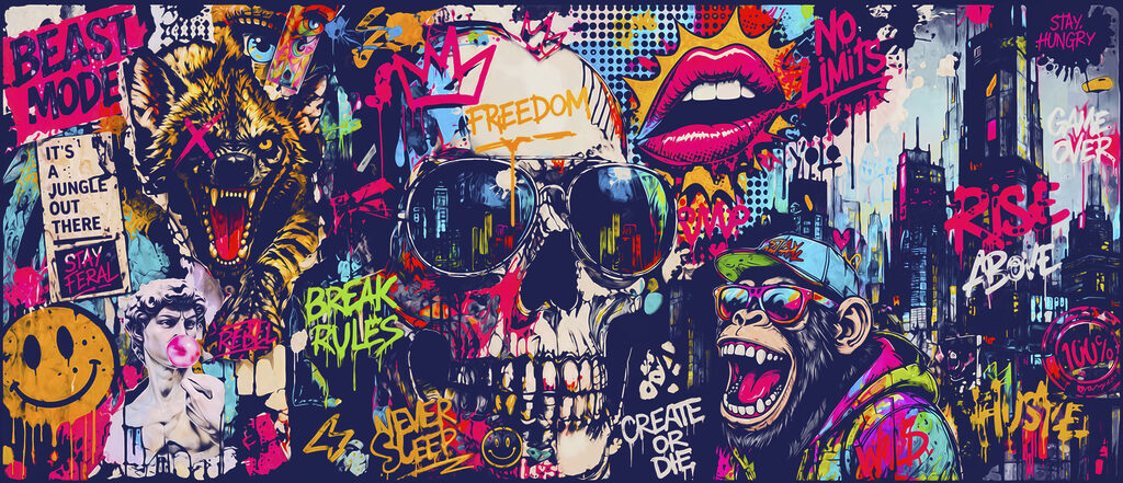 Schedel in felle graffiti — volledig ontwerp