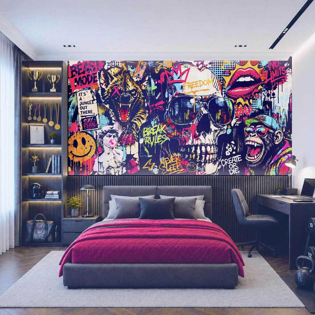 Schedel met zonnebril, lippen en mond in een interieur