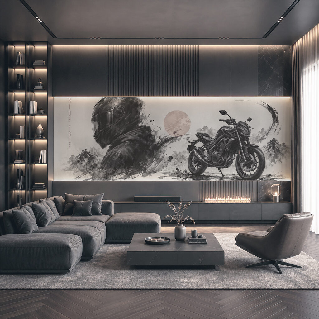 Motorfiets met een zwart masker in een interieur