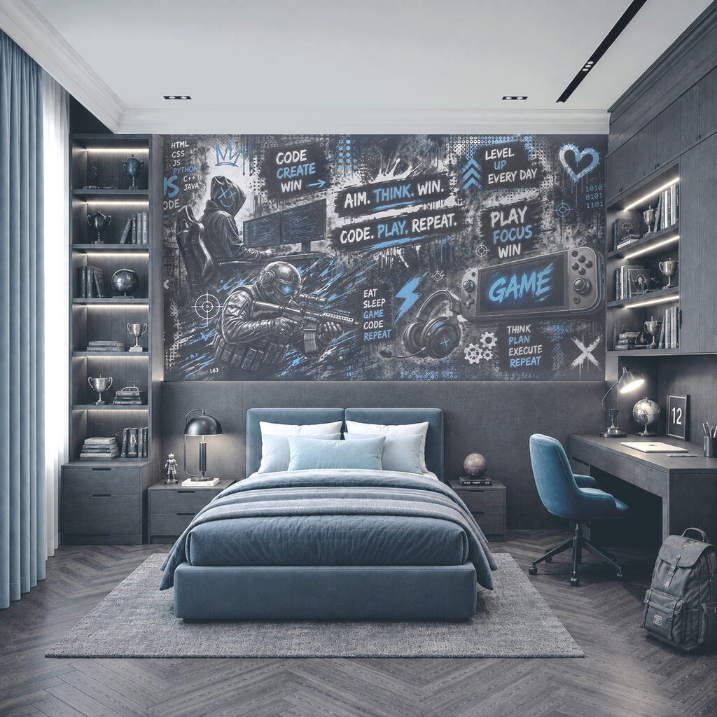 Poster van een videogame in een interieur