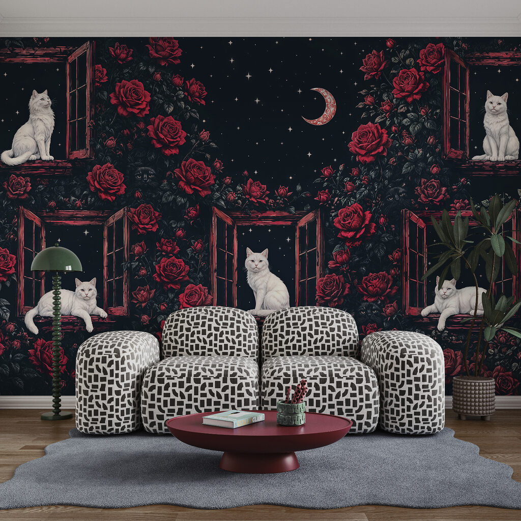 Een groep katten die op vensterbanken tussen de rozen zitten in een interieur