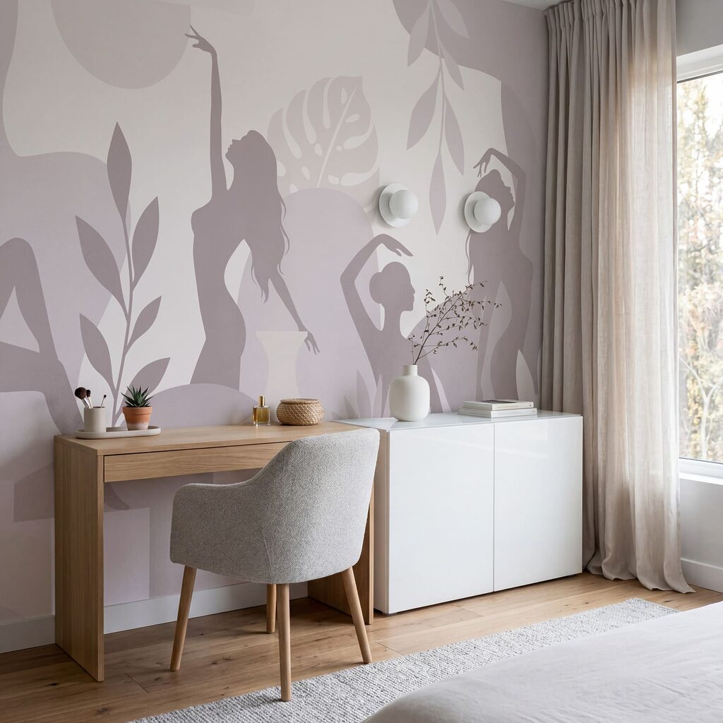Groep vrouwen in verschillende houdingen in een interieur