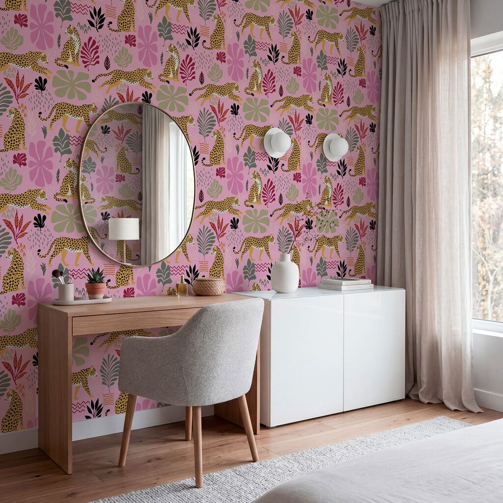 Patroon met luipaarden en bloemen in een interieur