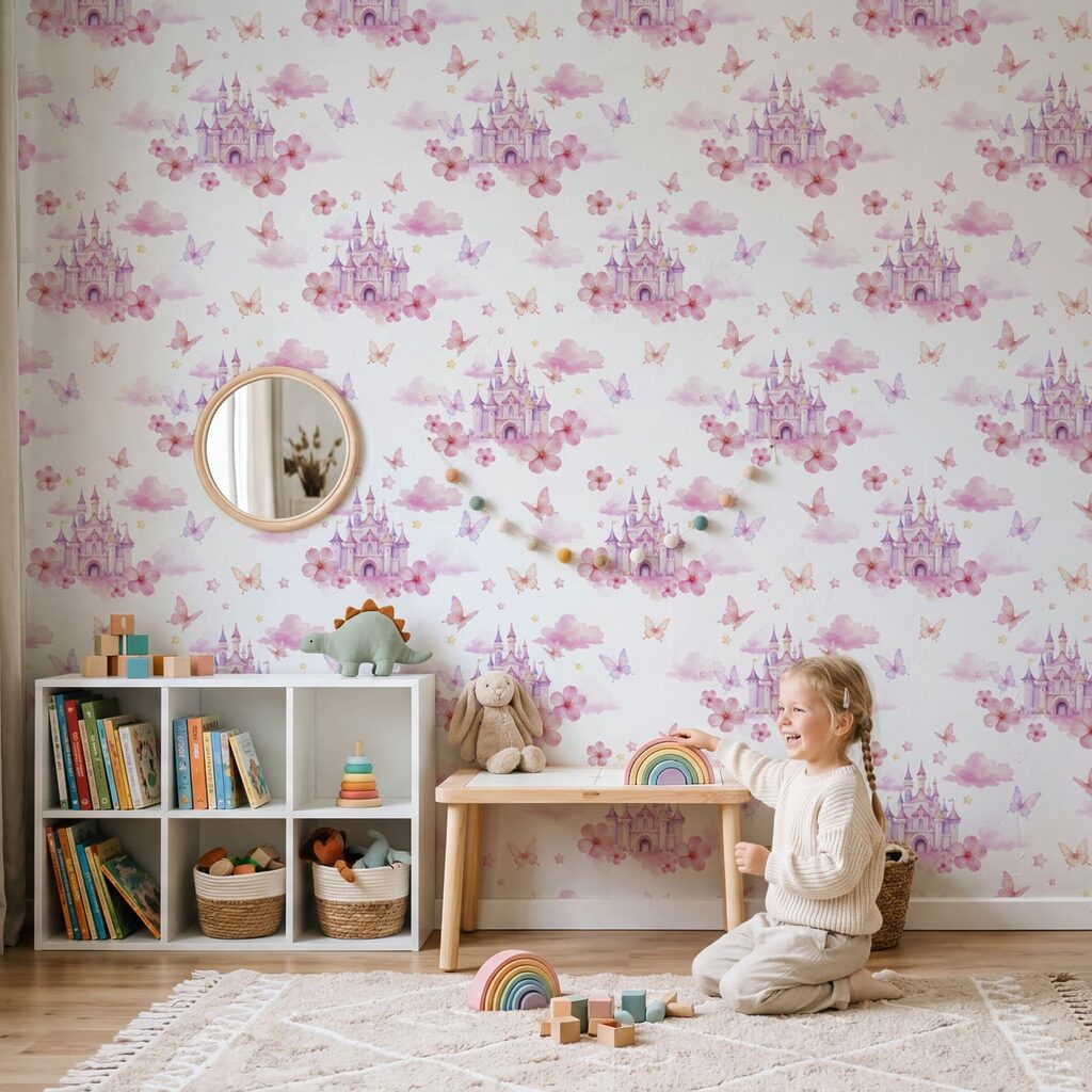 Motief met roze en paarse vlinders en een kasteel in een interieur