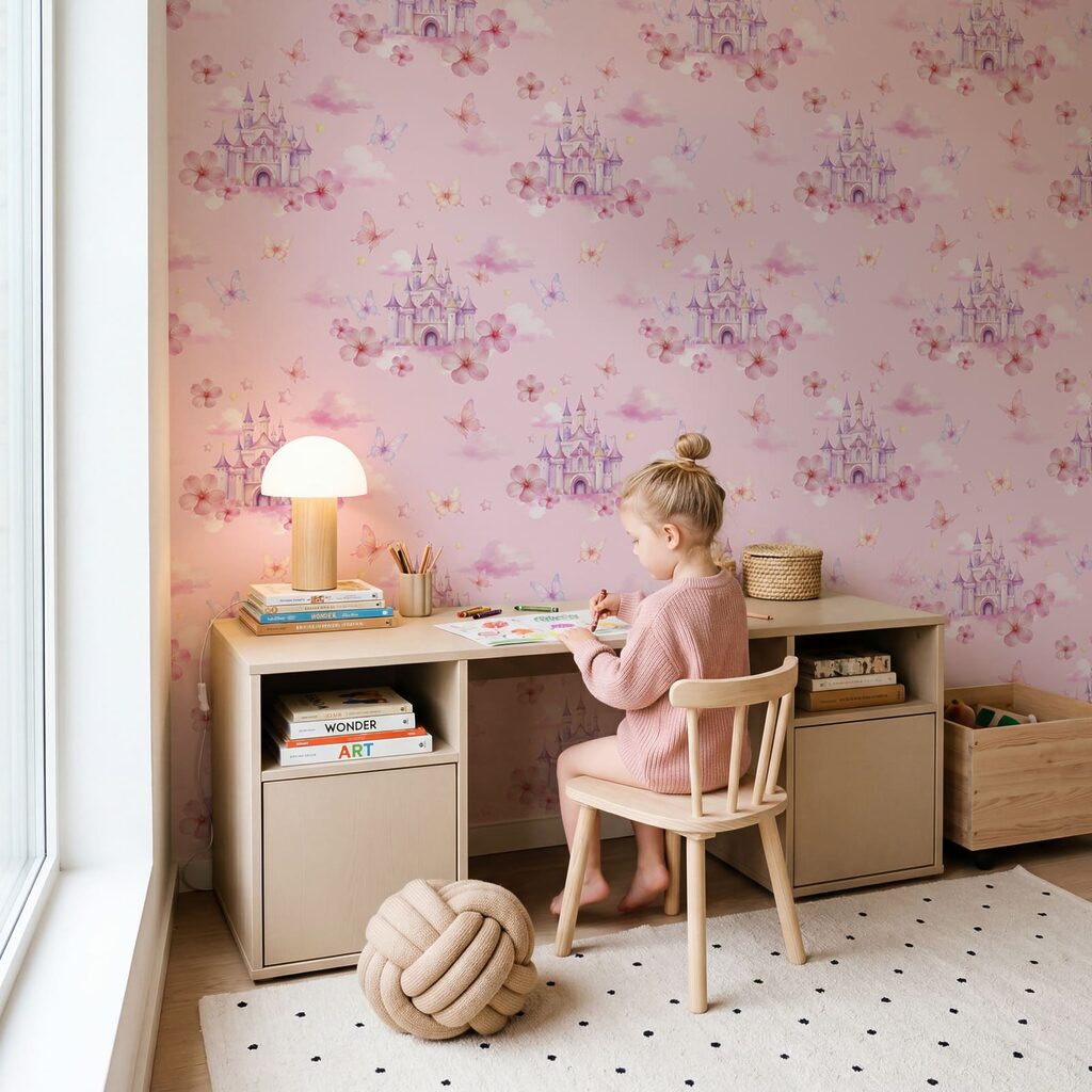Roze achtergrond met roze wolken en vlinders — interieur 1