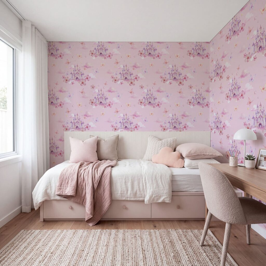 Roze achtergrond met roze wolken en vlinders — interieur 2
