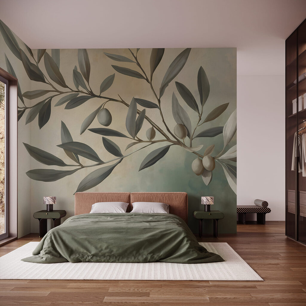 Schilderij van een tak met bladeren en vruchten in een interieur