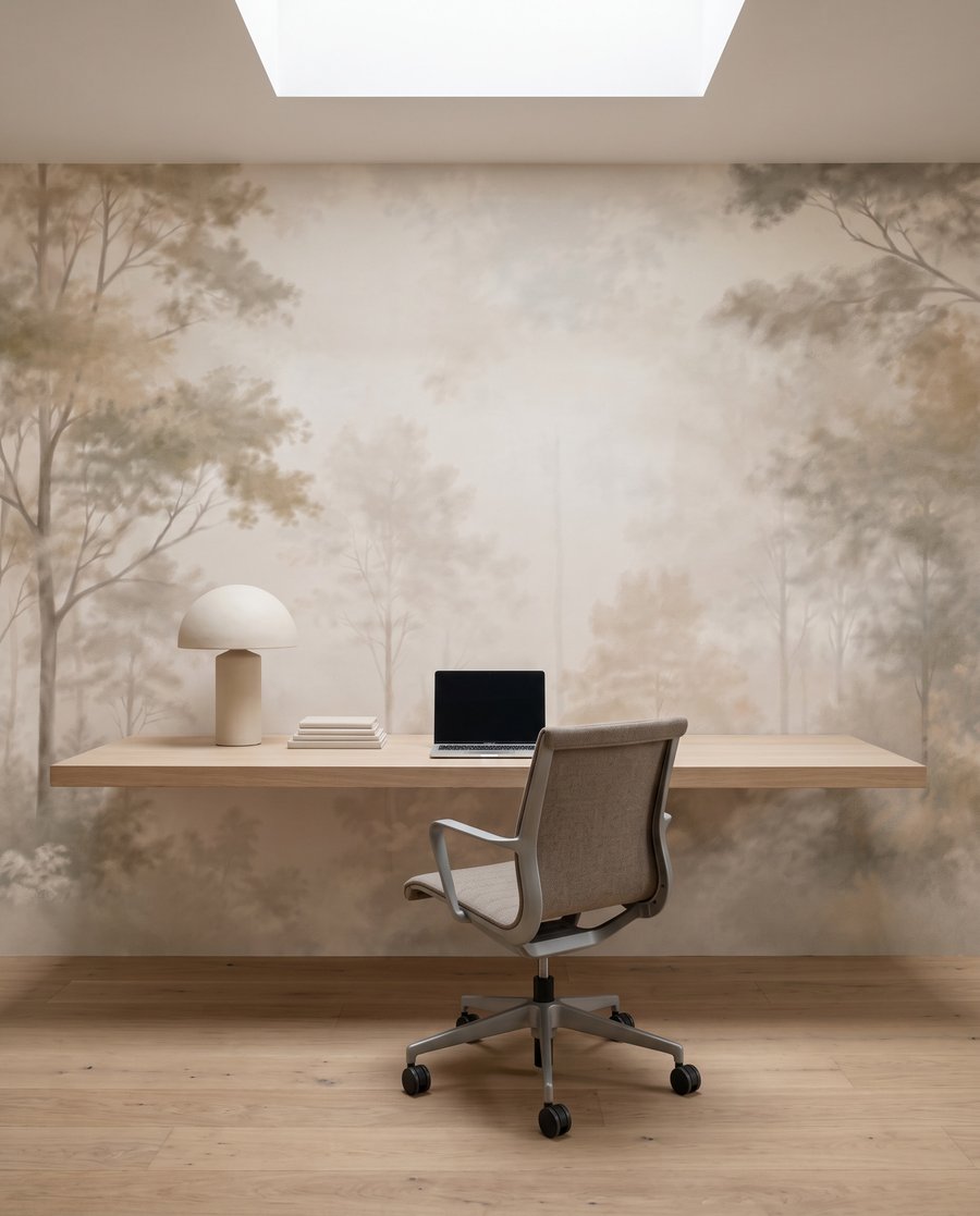 Mistig bos met bomen in een interieur