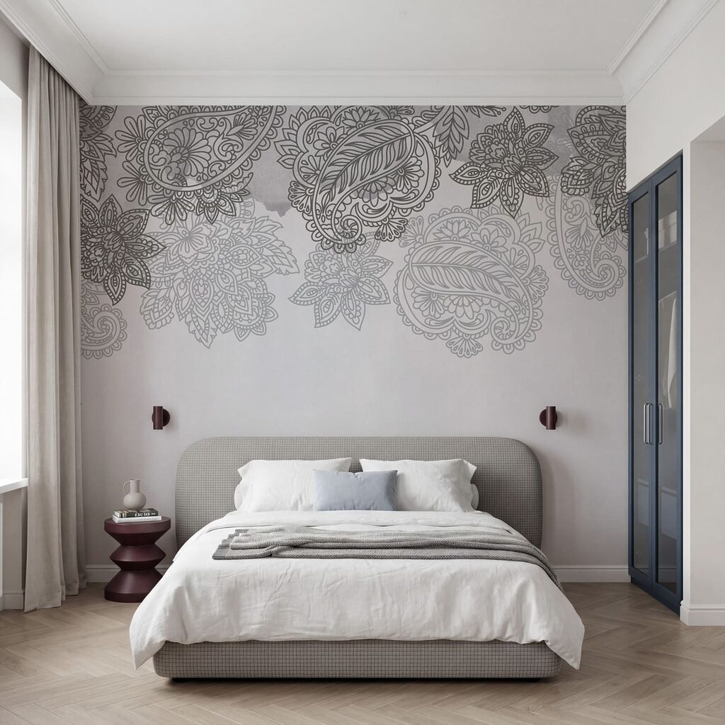 Grijze en witte achtergrond met paisleypatroon in een interieur
