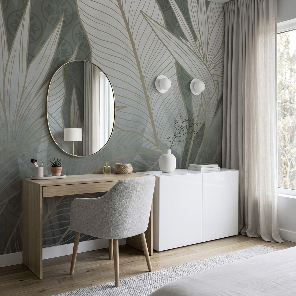 Elegant botanisch ontwerp in zachte tinten in een interieur