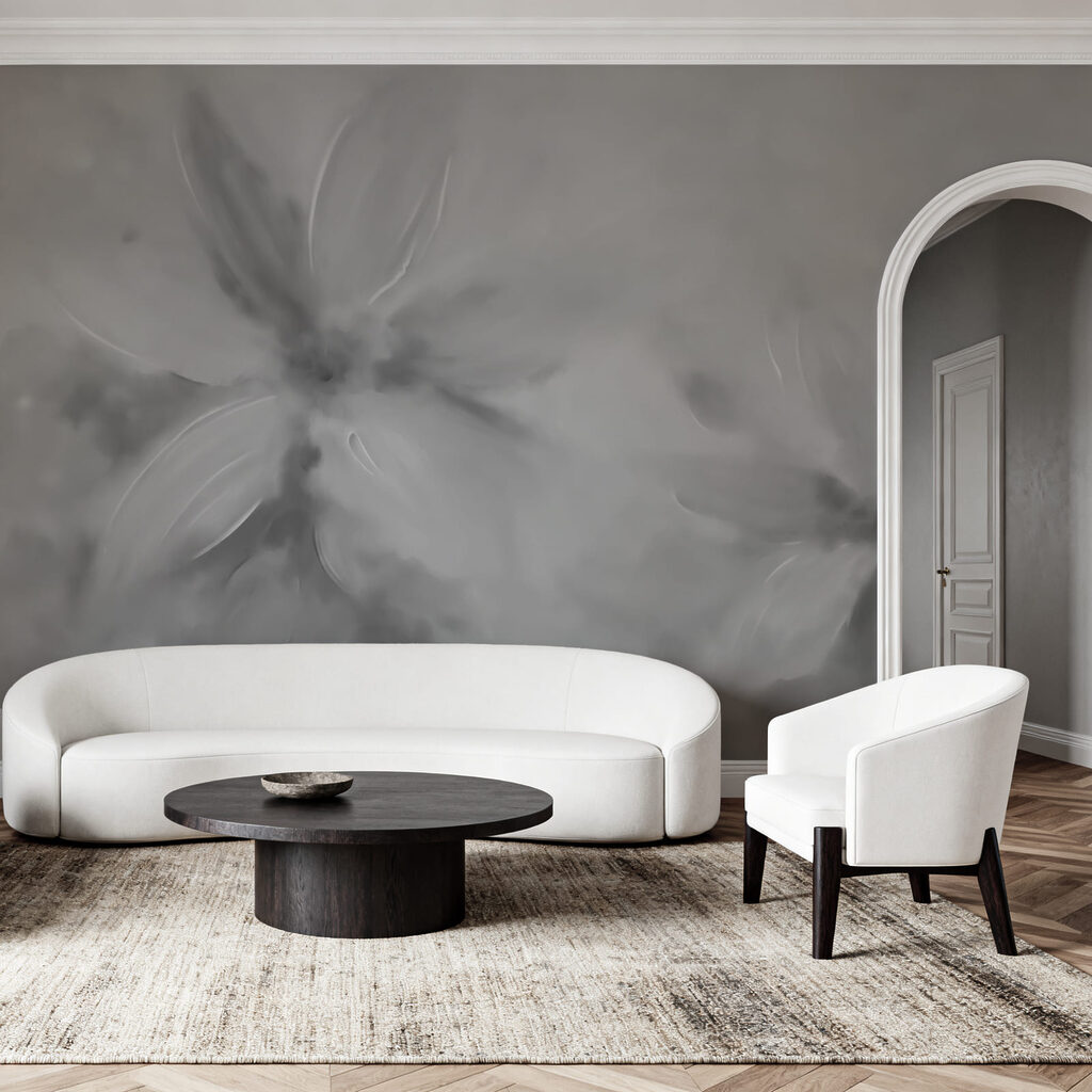 Grijze en witte afbeelding van bloemen — interieur 1