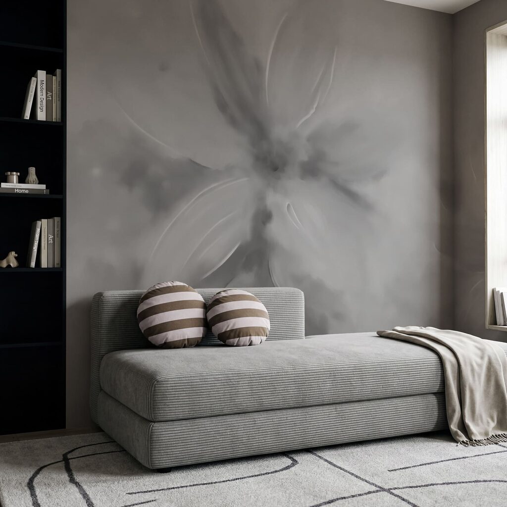 Grijze en witte afbeelding van bloemen — interieur 3