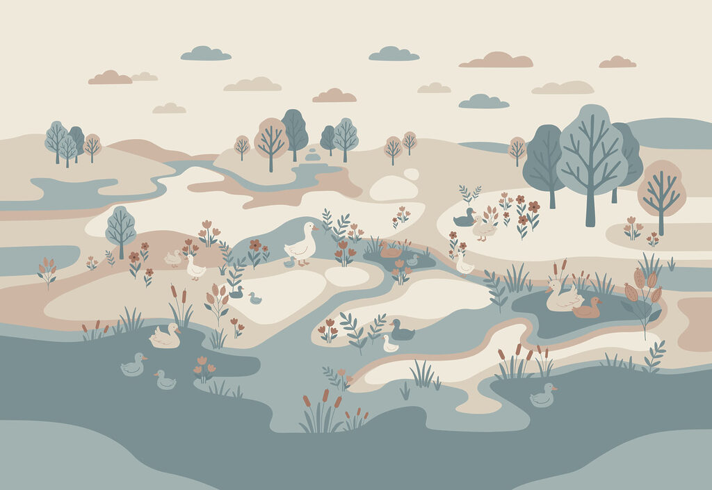Watervogels langs slingerend water — volledig ontwerp