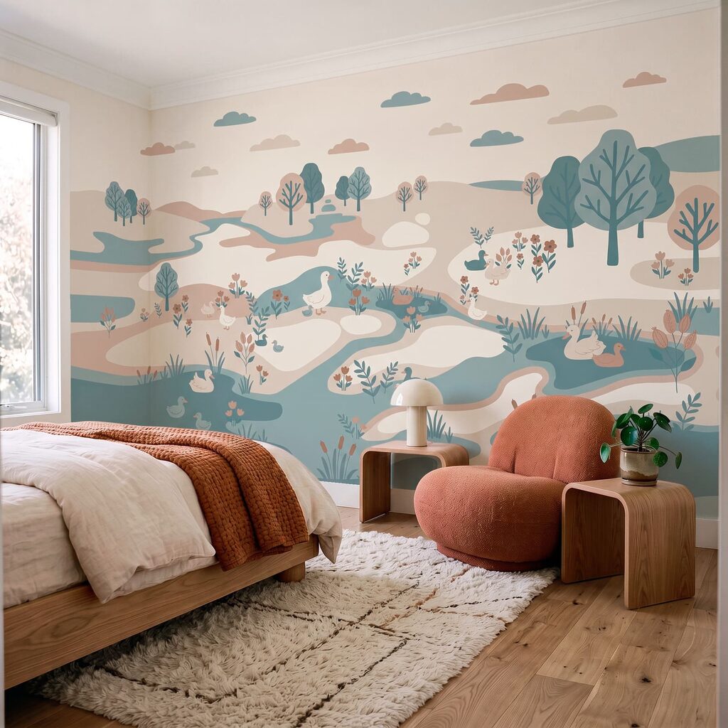 Landschap met eenden en bomen in een interieur