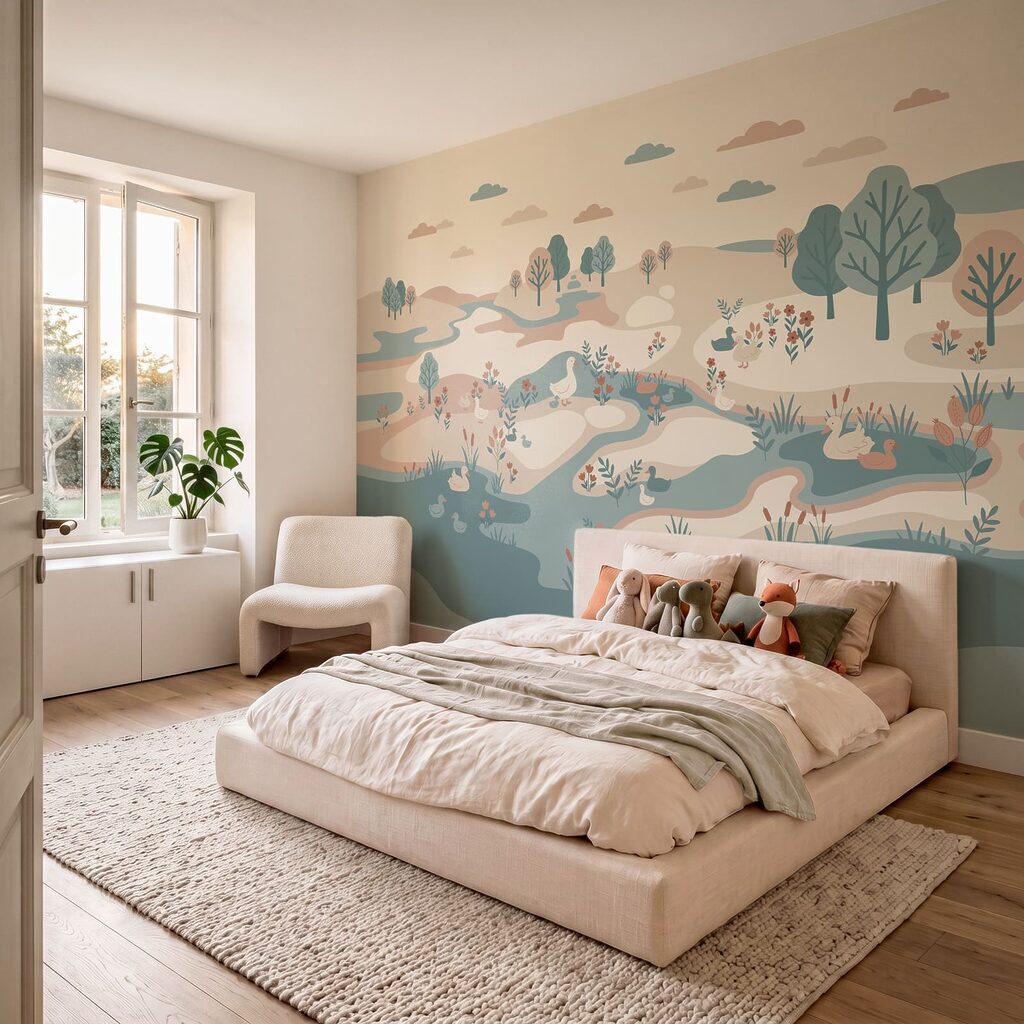 Watervogels langs slingerend water — interieur 3