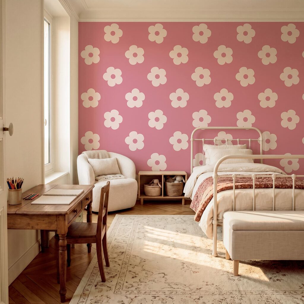 Roze en wit bloemenpatroon in een interieur