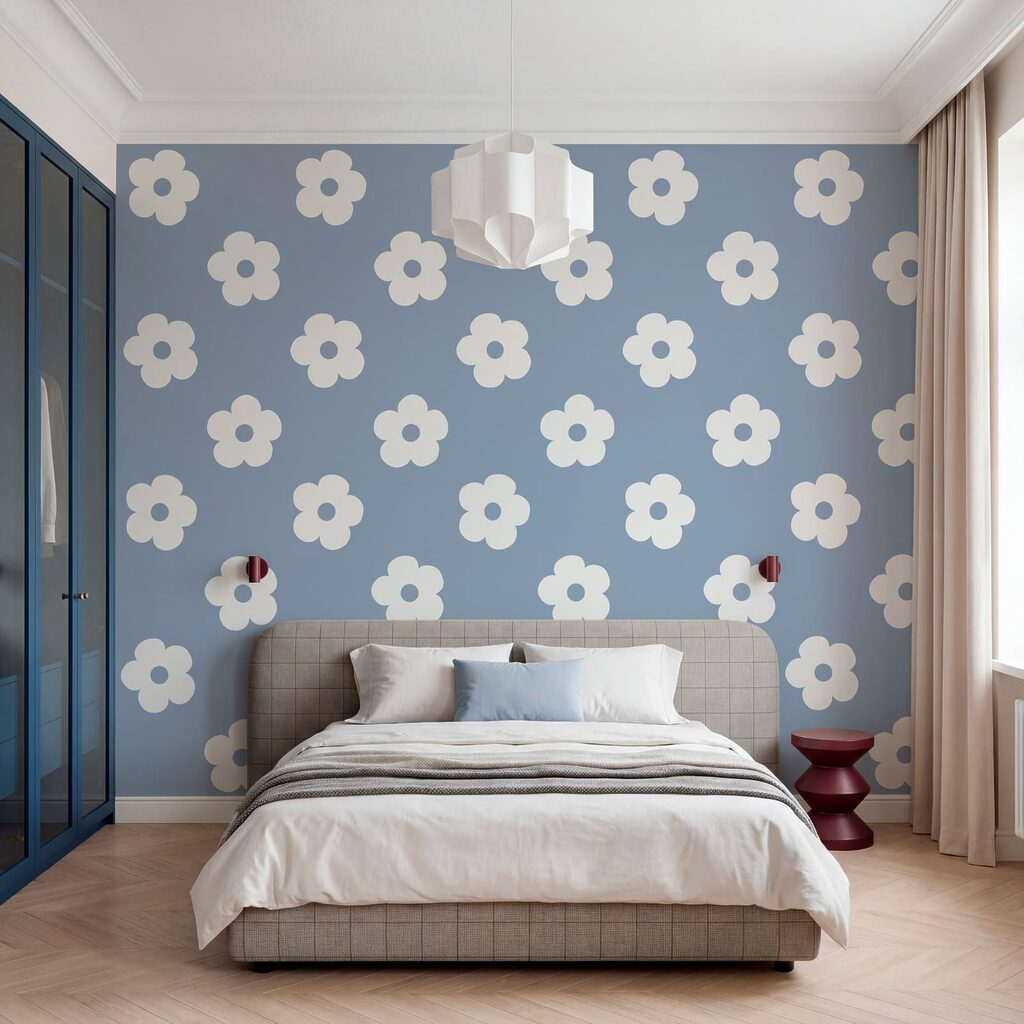 Patroon van witte bloemen op een blauwe achtergrond — interieur 2