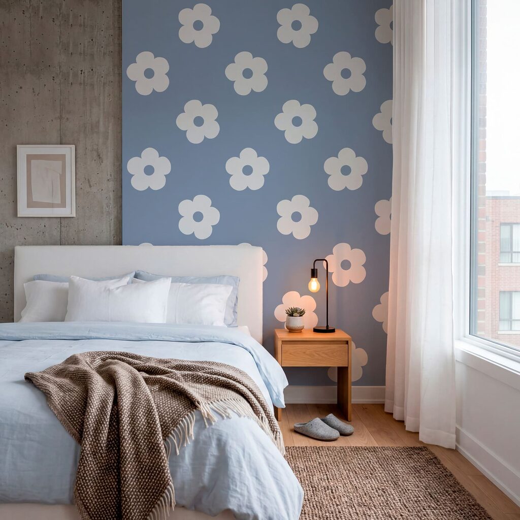 Patroon van witte bloemen op een blauwe achtergrond — interieur 1