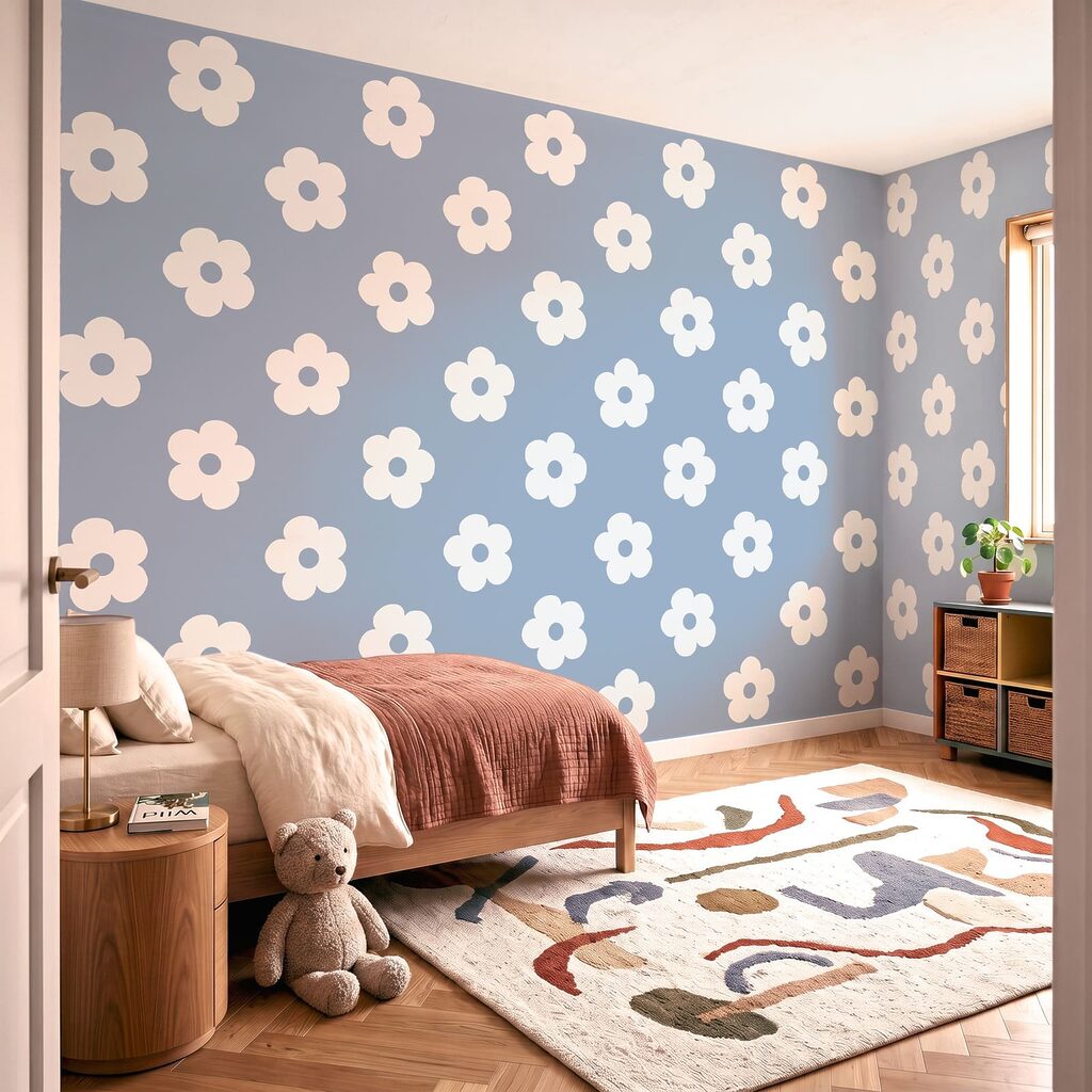 Patroon van witte bloemen op een blauwe achtergrond — interieur 3