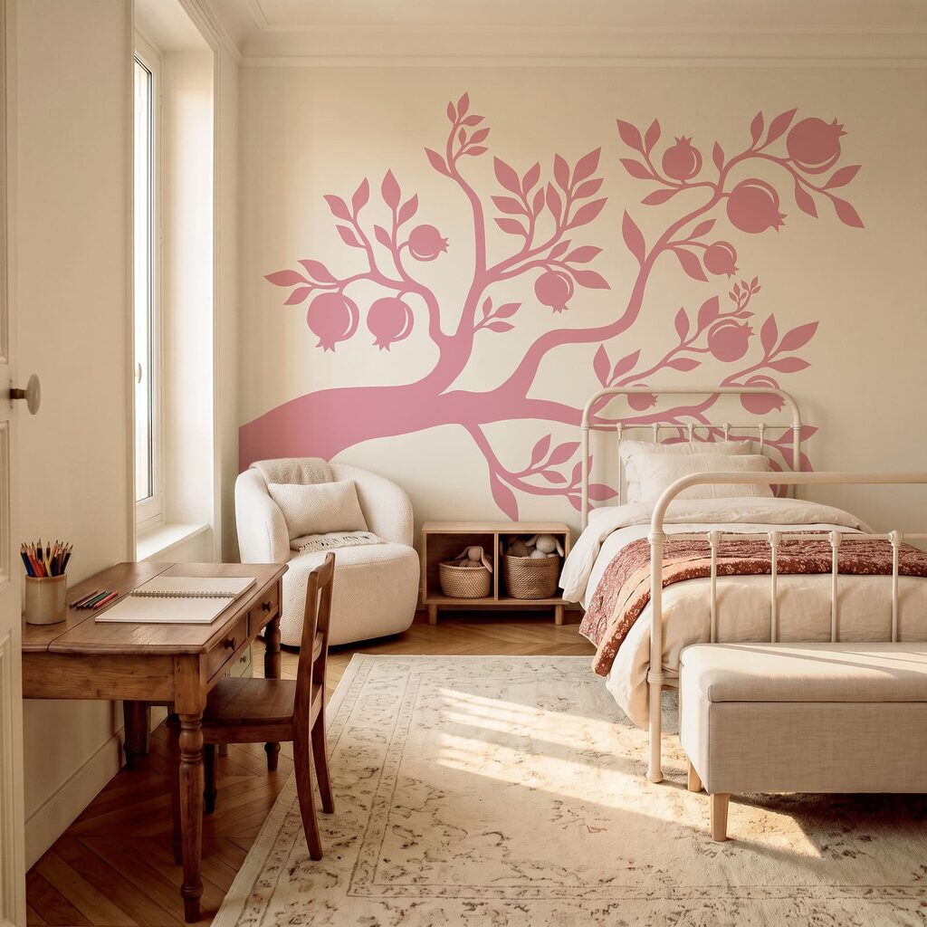 Boom met roze takken en vruchten in een interieur