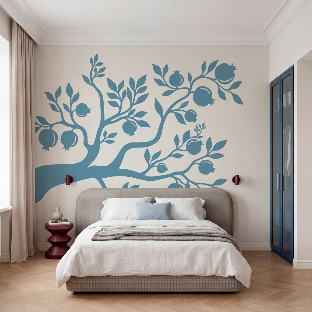 Blauwe boom met bladeren en vruchten — interieur 1