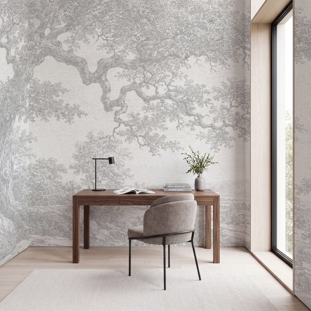Tekening van een boom en rotsen — interieur 1