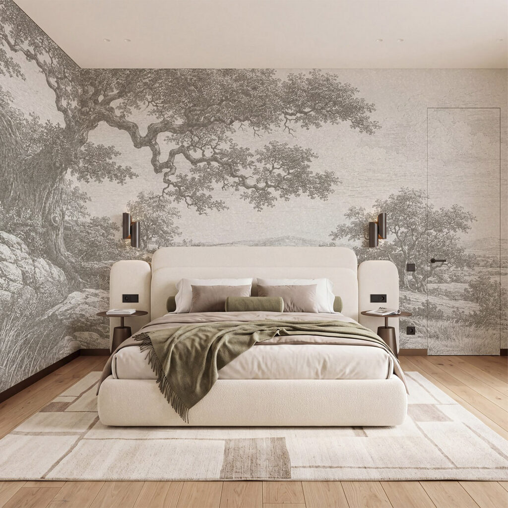 Tekening van een boom en een rotsachtig landschap — interieur 1