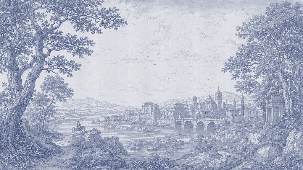 Tekening van een stad en een rivier — volledig ontwerp