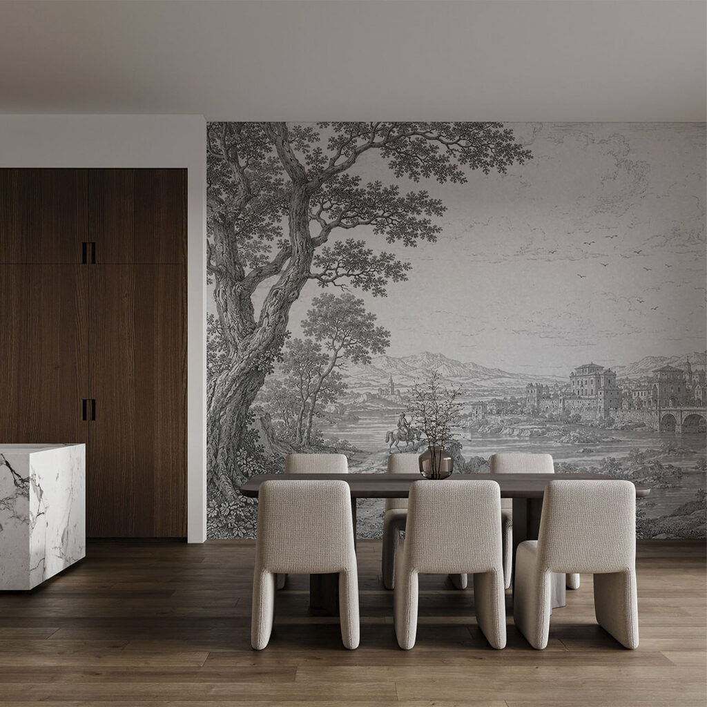 Tekening van een stad met een brug en een rivier — interieur 1