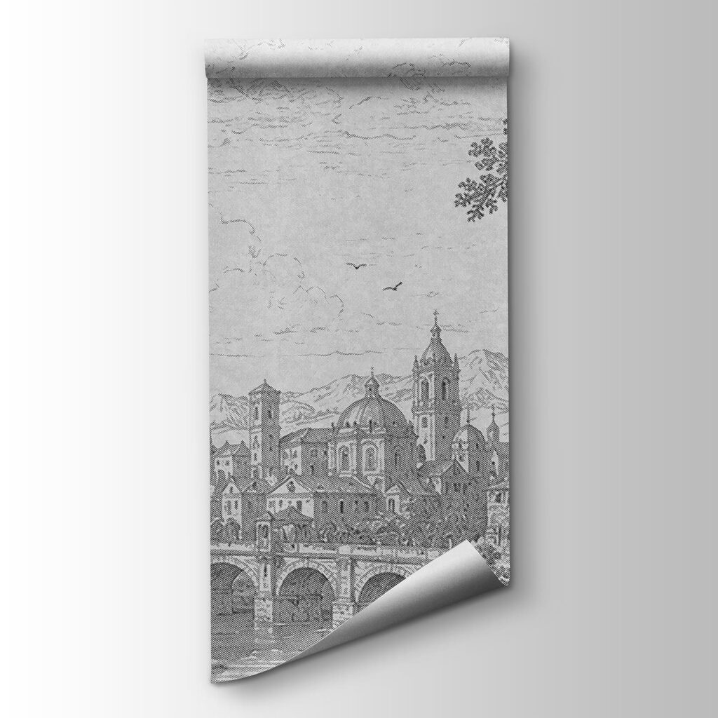 Tekening van een stad met een brug en een rivier — productweergave