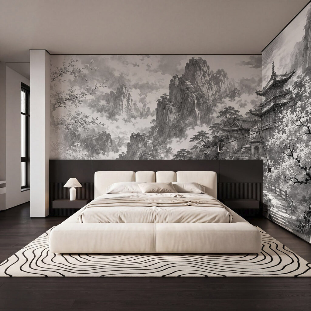 Schilderij van een gebouw op een berg in een interieur