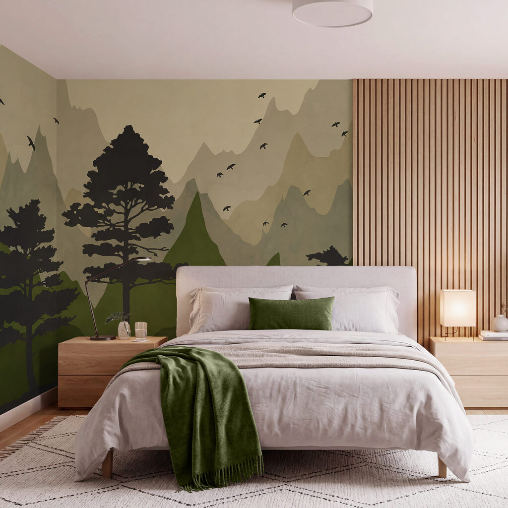 Schilderij van bomen en bergen in een interieur