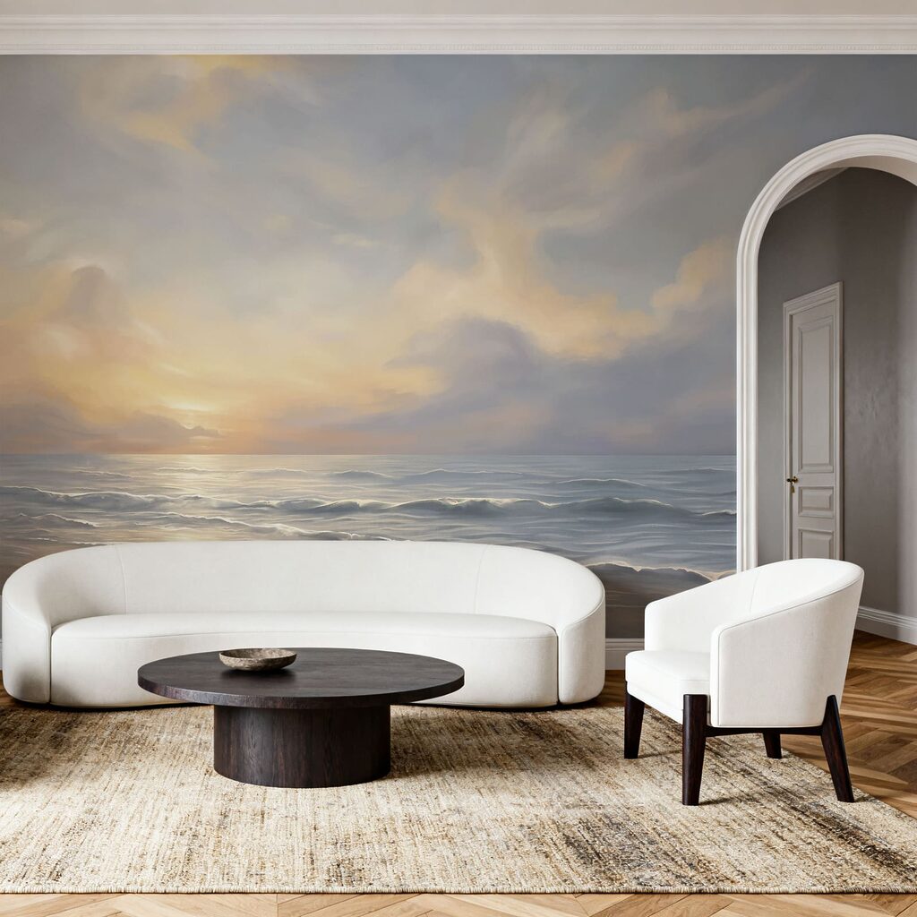 Strand met golven en een bewolkte hemel in een interieur